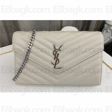 Saint Laurent cassandre matelassé chain wallet in grain de poudre embossed leather 377828 Creamy/Silver