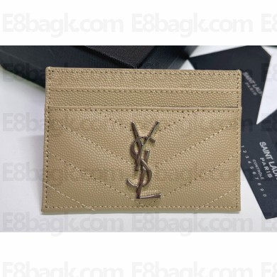 Saint Laurent Cassandre Matelassé Card Case In Grain De Poudre Embossed Leather 423291 Beige/Silver