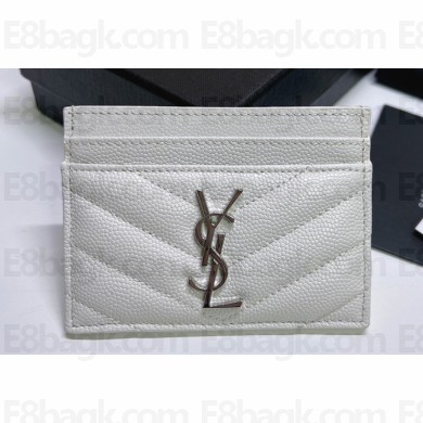 Saint Laurent Cassandre Matelassé Card Case In Grain De Poudre Embossed Leather 423291 White/Silver