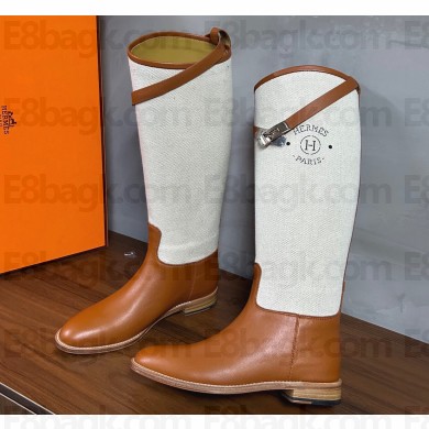Hermes Jumping boots in calfskin Brown and printed H canvas 2023