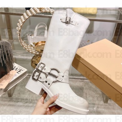Miu Miu Leather Biker Boots White with straps and buckles 2023
