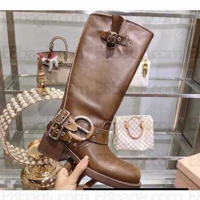 Miu Miu Leather Biker Boots Brown with straps and buckles 2023