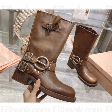 Miu Miu Leather Ankle Boots Brown with straps and buckles 2023