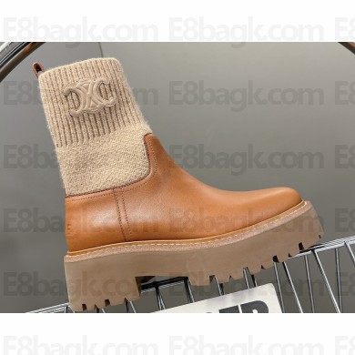 Celine Short Boots WITH TRIOMPHE In Knit and Calfskin Brown 2023