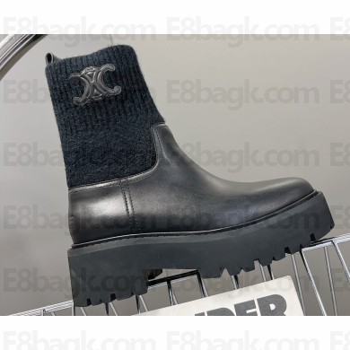Celine Short Boots WITH TRIOMPHE In Knit and Calfskin Black 2023