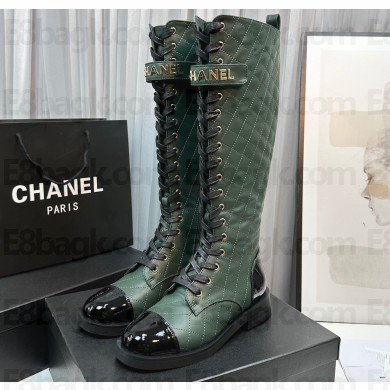 Chanel Lambskin & Patent Calfskin High Boots G45005 Dark Green 2023