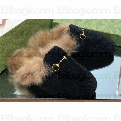 Gucci Princetown Fur Shearling Lamb Slippers Black 2023