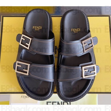 Fendi Feel leather Double-band flat slides Black 2023