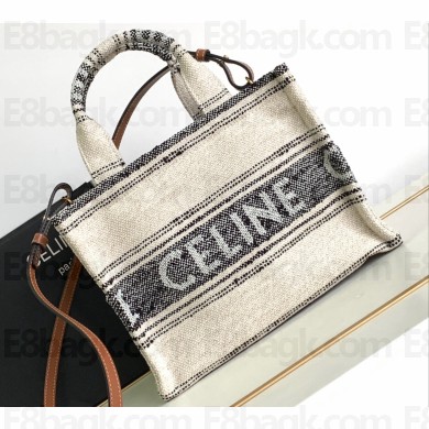 Celine Small Cabas Thais Bag In Striped Textile With Celine Jacquard 199162 Beige/Black 2023
