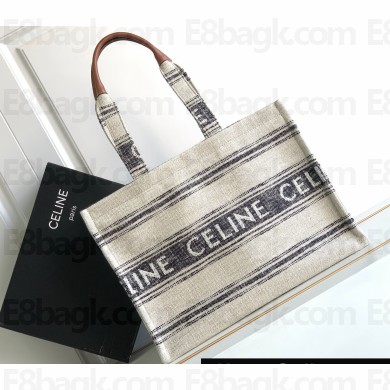 Celine Large Cabas Thais Bag In Striped Textile With Celine Jacquard 196762 Beige/Black 2023