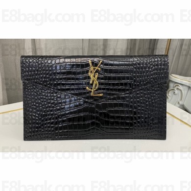 Saint Laurent uptown pouch in crocodile-embossed shiny leather 565739 Black