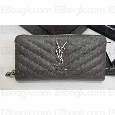 Saint Laurent Cassandre Matelassé Zip Around Wallet In Grain De Poudre Embossed Leather 358094 Gray/Silver