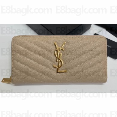 Saint Laurent Cassandre Matelassé Zip Around Wallet In Grain De Poudre Embossed Leather 358094 Beige/Gold