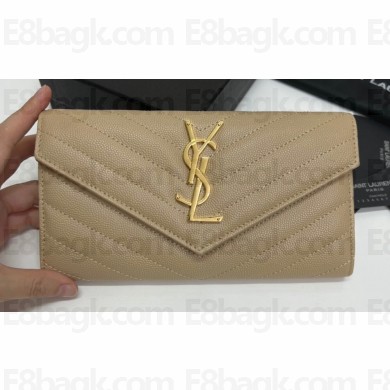Saint Laurent Cassandre Matelassé Large Flap Wallet In Grain De Poudre Embossed Leather 372264 Beige/Gold