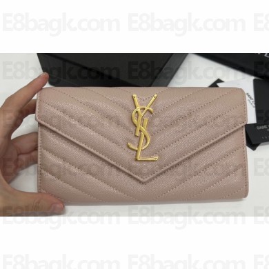 Saint Laurent Cassandre Matelassé Large Flap Wallet In Grain De Poudre Embossed Leather 372264 Nude Pink/Gold