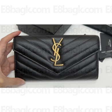 Saint Laurent Cassandre Matelassé Large Flap Wallet In Grain De Poudre Embossed Leather 372264 Black/Gold