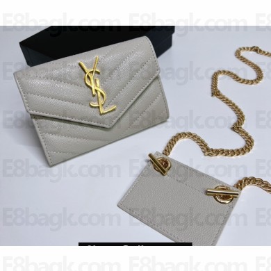 Saint Laurent Cassandre Matelassé Small Envelope Wallet with Chain In Grain De Poudre Embossed Leather 414404 Gray