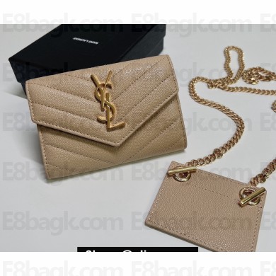 Saint Laurent Cassandre Matelassé Small Envelope Wallet with Chain In Grain De Poudre Embossed Leather 414404 Beige