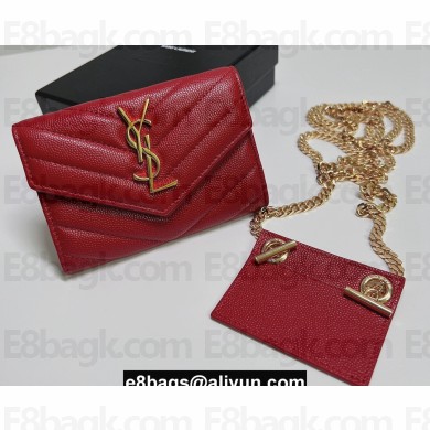 Saint Laurent Cassandre Matelassé Small Envelope Wallet with Chain In Grain De Poudre Embossed Leather 414404 Red