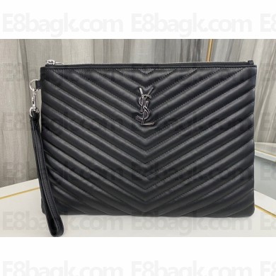 Saint Laurent cassandre matelassé tablet pouch in quilted leather 559193 Black/Silver