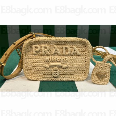 Prada Raffia-effect yarn Crochet shoulder bag 1BH196 Natural