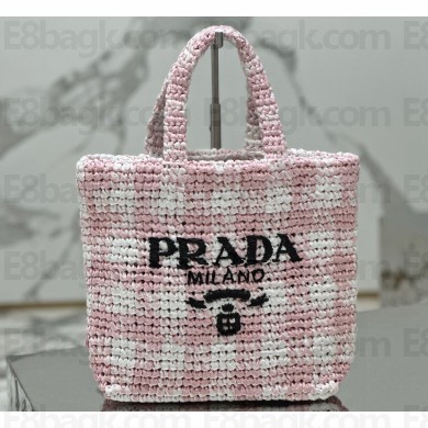 Prada Raffia-effect yarn Small crochet tote bag 1BG422 White/Pink