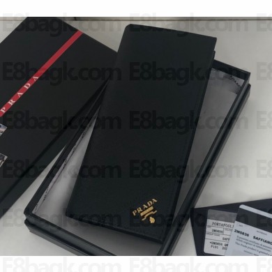 Prada Saffiano Leather bi-fold long Wallet 2M0836 Metal lettering logo Black/Gold