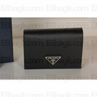 Prada Small Saffiano Leather Wallet 1MV021 Enameled metal triangle logo Black/Silver