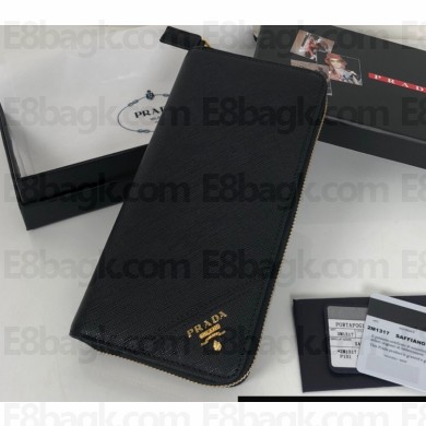 Prada Saffiano Leather Zip Wallet 2M1317 Metal lettering logo Black/Gold