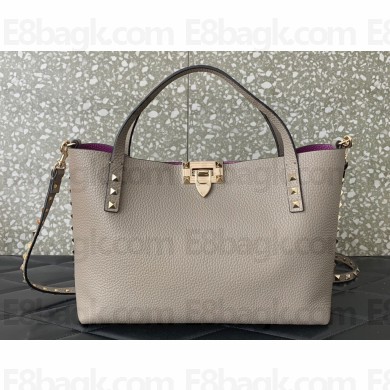 Valentino Small Rockstud Grainy Calfskin Tote Bag with Contrasting Lining 0044 Dove Gray 2023