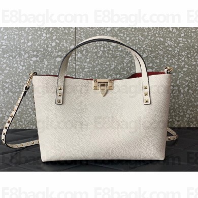 Valentino Small Rockstud Grainy Calfskin Tote Bag with Contrasting Lining 0044 White 2023