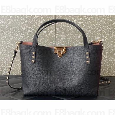 Valentino Small Rockstud Grainy Calfskin Tote Bag with Contrasting Lining 0044 Black 2023