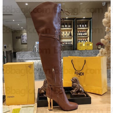 Fendi Heel 10cm Delfina laces leather high-heeled over-the-knee boots Brown 2023