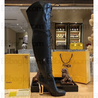 Fendi Heel 10cm Delfina laces leather high-heeled over-the-knee boots Black 2023