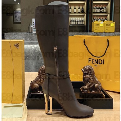 Fendi Heel 10cm Delfina leather high-heeled boots Coffee with Straps 2023