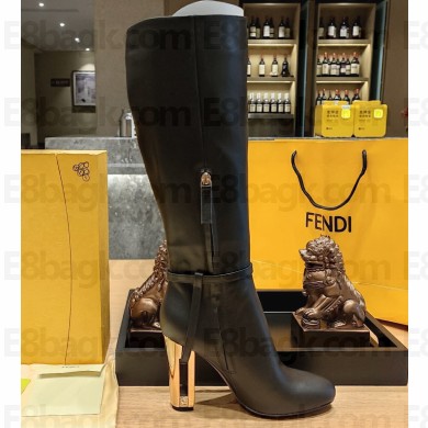 Fendi Heel 10cm Delfina leather high-heeled boots Black with Straps 2023