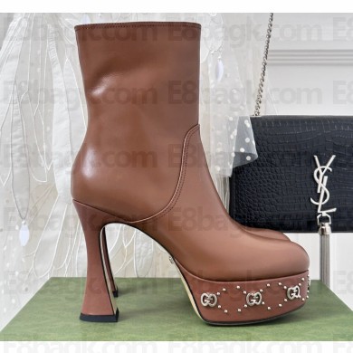 Gucci Heel 12cm platform 4cm boots with GG studs 740599 Brown 2023