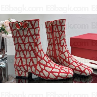Valentino VLogo Type Ankle Boots in Toile Iconographe fabric Beige/Red 2023