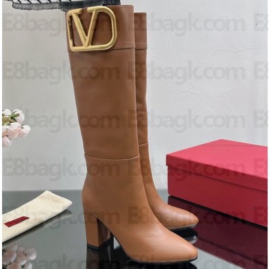 Valentino High Heel Boots In Calfskin Leather Brown with VLogo Signature detail 2023