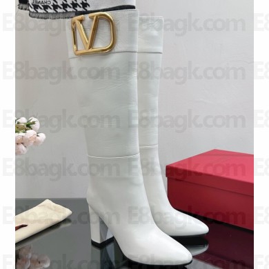 Valentino High Heel Boots In Calfskin Leather White with VLogo Signature detail 2023