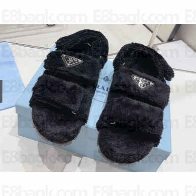 Prada Enameled metal triangle logo shearling sandals 1X737M Black 2023