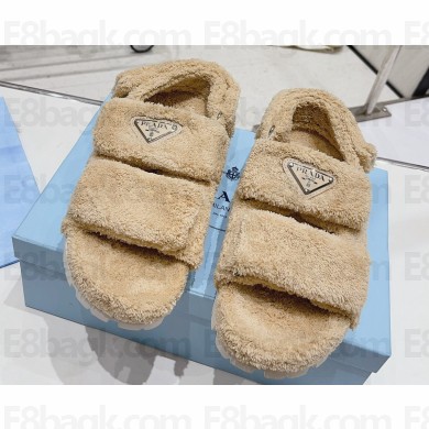 Prada Enameled metal triangle logo shearling sandals 1X737M Beige 2023