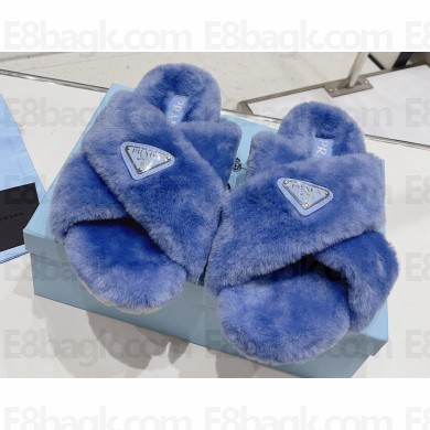 Prada Enameled metal triangle logo shearling Crisscross sandals 1XX600 Blue 2023