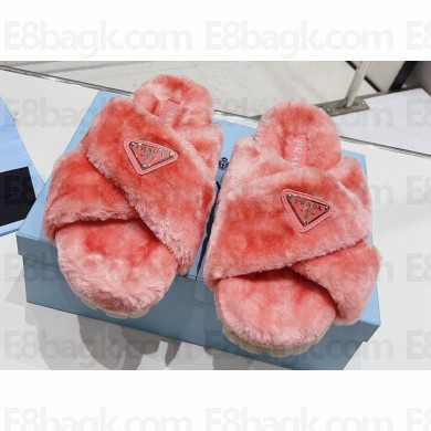 Prada Enameled metal triangle logo shearling Crisscross sandals 1XX600 Pink 2023