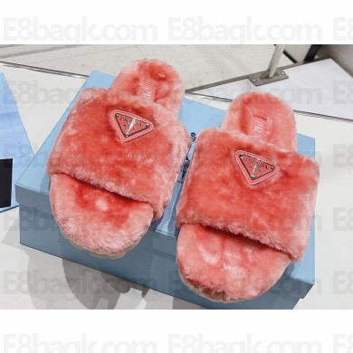 Prada Enameled metal triangle logo shearling Slide sandals Pink 2023
