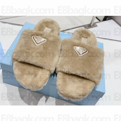 Prada Enameled metal triangle logo shearling Slide sandals Beige 2023