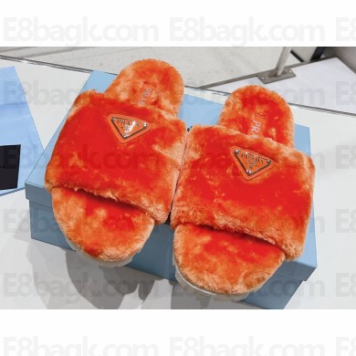 Prada Enameled metal triangle logo shearling Slide sandals Orange 2023