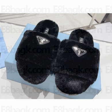 Prada Enameled metal triangle logo shearling Slide sandals Black 2023