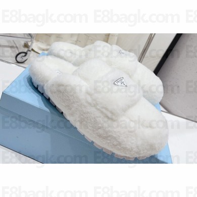 Prada Enameled metal triangle logo shearling padded sabots slippers White 2023
