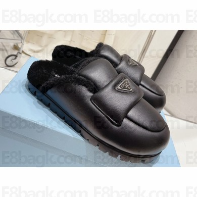 Prada Enameled metal triangle logo shearling Lining padded sabots slippers Black 2023